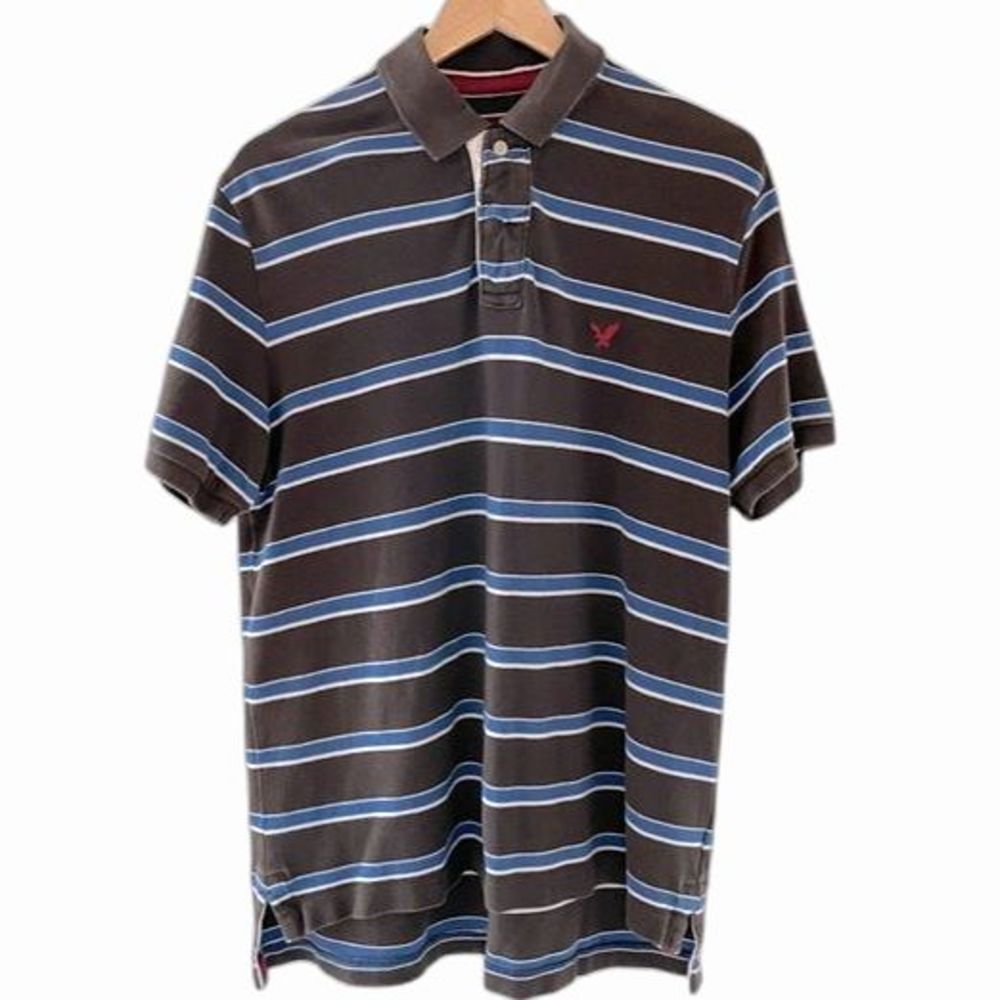 American Eagle The Eagle Polo Men’s Large 100% Cotton Brown Blue White Stripes